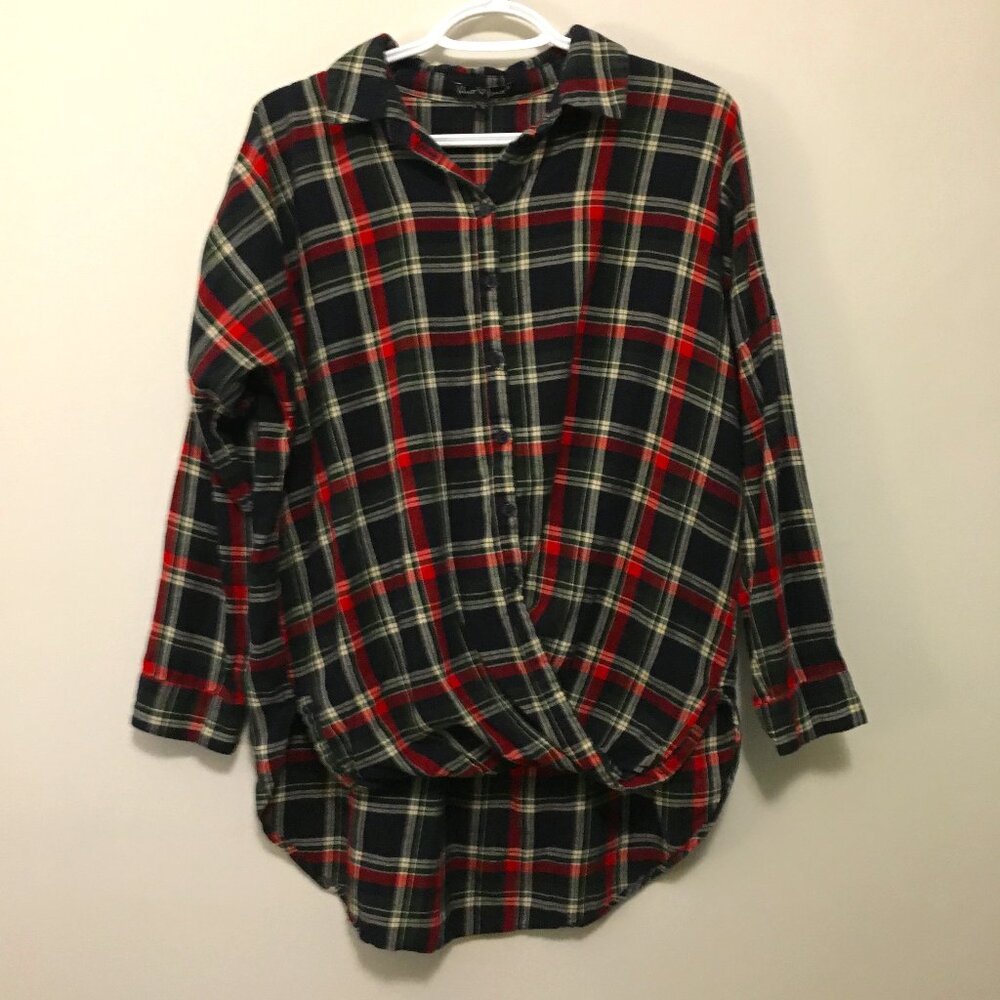 VELVET HEART Nordstrom Front Twist High Low Plaid Shirt M Oversized